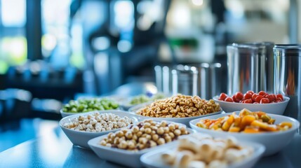 Fototapeta premium Protein-rich foods neatly arranged, symbolizing fitness and balanced nutrition for an active lifestyle.