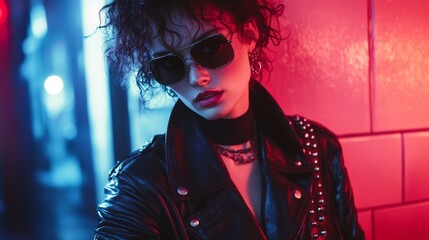 Amid blue and red hues, a stylish woman in a leather jacket and sunglasses exudes confidence and rebellious charm, embodying edgy urban fashion.