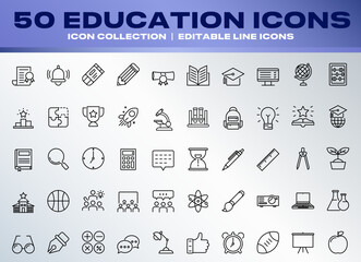 50 Education Icons set collection editable line icons. bell, ring, ruller, pencil, rubber, pen, clock, timer, presentation, brush, task, paper, atom, glasses, student, teach, study, group, sport, etc