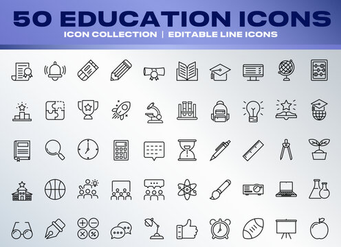 50 Education Icons set collection editable line icons. bell, ring, ruller, pencil, rubber, pen, clock, timer, presentation, brush, task, paper, atom, glasses, student, teach, study, group, sport, etc