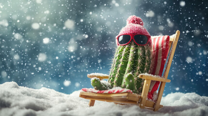 Cactus in sunglasses and beanie relaxing on deck chair in snowy winter scene
