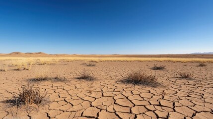 Panoramic View Of Dried Cracked Earth Under Clear Blue Sky In Desolate Desert Landscape