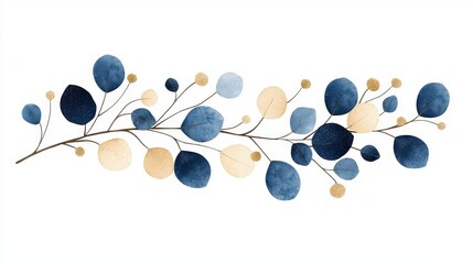 Elegant watercolor botanical arrangement with blue and beige leaves and flowers on a minimalist white background