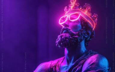 Neon Sculpture of Bearded Figure with Crown and Glasses in Futuristic Art Style