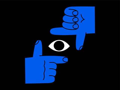 Hand drawn cute cartoon illustration of human hand frame sign with eye. Make a picture arm gesture. Flat vector photography symbol doodle. Creative vision. Searching or watching sticker. Isolated.
