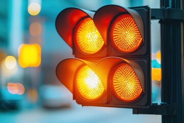 A close-up of a traffic light showcasing both red and yellow lights illuminating concurrently, creating an intriguing visual in an urban setting.