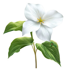 Obraz premium White Trillium Blossom: A pristine trillium blossom blooms, its white petals gracefully unfurling. The delicate flower showcases a vibrant yellow center, accentuated by verdant green leaves.
