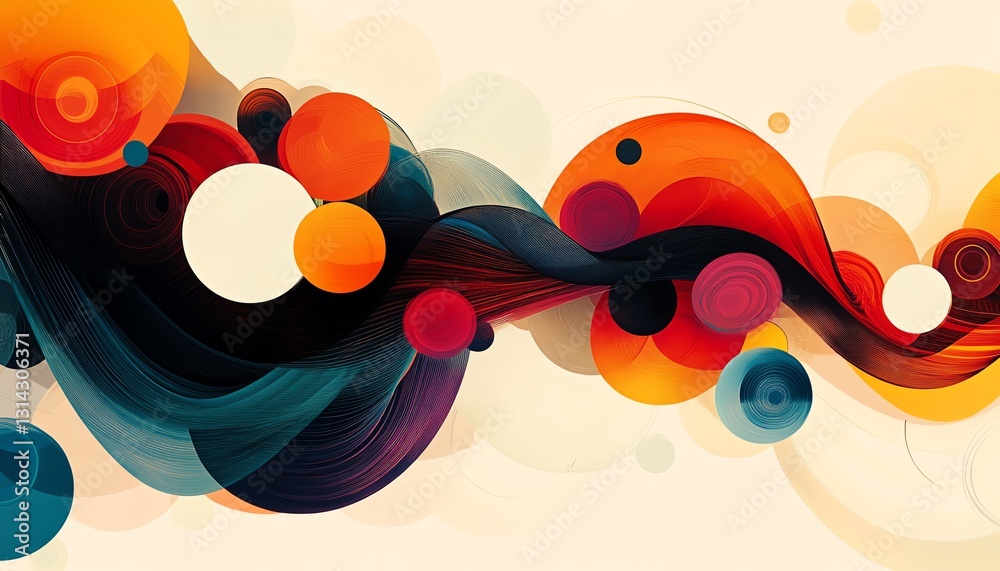 Aufkleber A bold, colorful abstract composition of circles interconnected by lines, creating a visually striking pattern with a sense of fluidity and energy