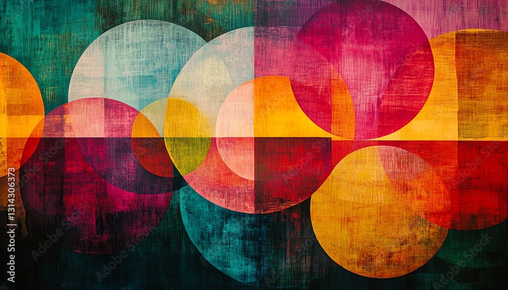 Aufkleber A bold, colorful abstract composition of circles interconnected by lines, creating a visually striking pattern with a sense of fluidity and energy