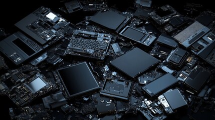 Damaged smartphones and laptops on dark background for electronic repair service concept