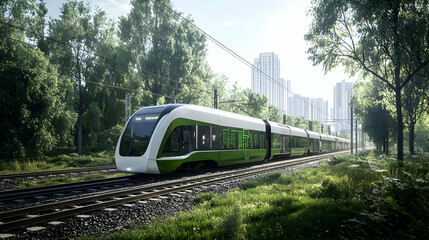 Naklejka premium Modern Green And White Electric Train Traveling Through Lush Green Forest Towards City Skyline On Sunny Day