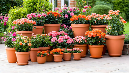 Potted flowers Lush blooms in terracotta pots, garden backdrop