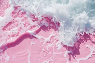 Top view of pink white clear calm water surface. Texture with splashes, foam and bubbles. Trendy abstract spring summer nature background for product. Flat lay cosmetic