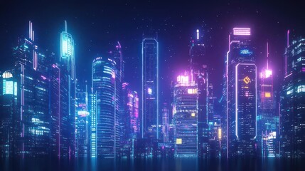 Fototapeta premium Illuminated Neon Cityscape at Night with Vibrant Blue and Purple Lights Displaying Modern Architecture