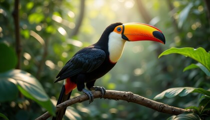 Obraz premium Toucan perched on branch in lush, sunlit rainforest. The bird's vivid colors and the serene, natural background make this image ideal for nature, wildlife, and travel-related content.