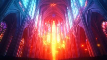 Fototapeta premium Vibrant light beams in gothic cathedral with colorful stained glass windows