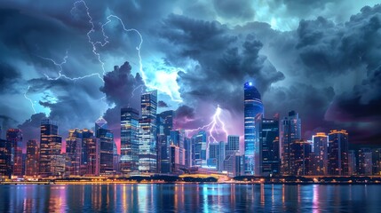Dramatic Futuristic Megacity Skyline with Towering Architecture and Stormy Neon Lighting
