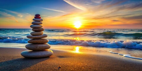 Obraz premium Balanced stones stack on a serene beach at sunset with the ocean waves gently lapping at their edges, peaceful, relaxation
