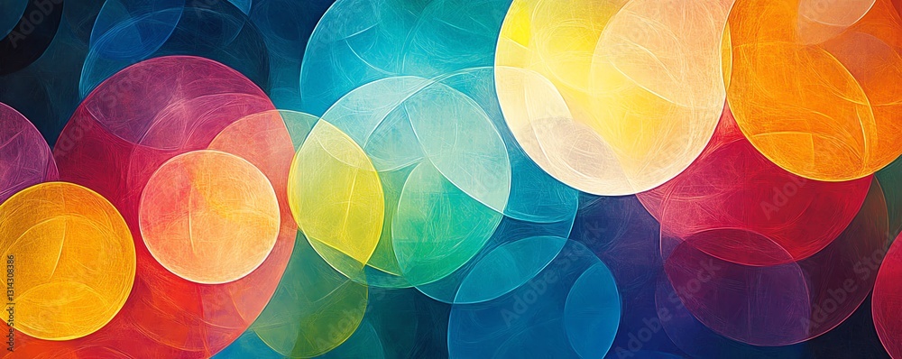 Poster A colorful abstract composition of various circles and lines, interwoven to create a visually engaging and energetic pattern