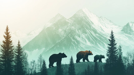 Silhouettes of bears walking against snowy mountain background at sunrise