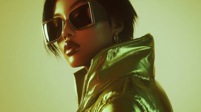 A futuristic figure in metallic attire and oversized sunglasses exudes style and confidence under glowing green light.