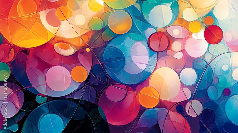 Poster A colorful abstract design with interconnected circles and lines, forming a captivating, visually engaging pattern full of vibrant hues and dynamic shapes