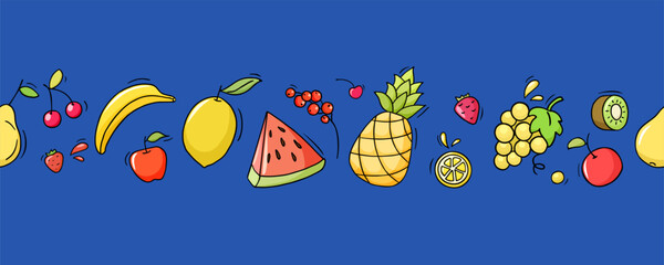 Fruit background with doodle strawberry, apple, lemon and banana. Seamless pattern with pear, pineapple, orange, kiwi and watermelon slice. Fruit and berries pattern, vector sketch illustration