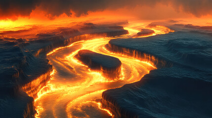 Volcanic lava river flowing through rugged landscape at sunset