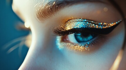 Fototapeta premium An eye embellished with golden and blue glitter eyeshadow, capturing a fusion of vivid colors and mesmerizing beauty.