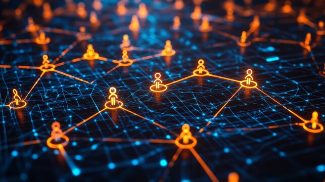 3d render of glowing people icons in network connection on dark background for digital communication