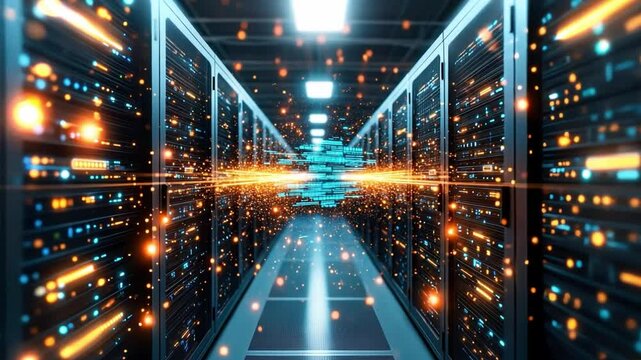 Dynamic data flow visualization in a modern server room with futuristic lighting effects
