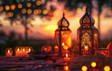 Obraz premium Islamic holy month atmosphere with decorative lanterns, glowing candles, and a sunset backdrop, featuring a beautifully arranged iftar table with dates, fruit, and warm Ramadan tones