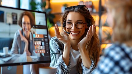 Cheerful Online Language Tutor Engaging Students in Virtual Video Learning Session