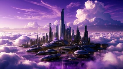 Futuristic city under a dreamy purple sky