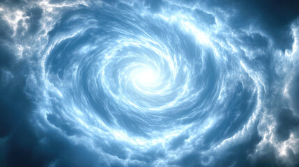 Luminous swirling vortex in a cloudy sky with radiant light center