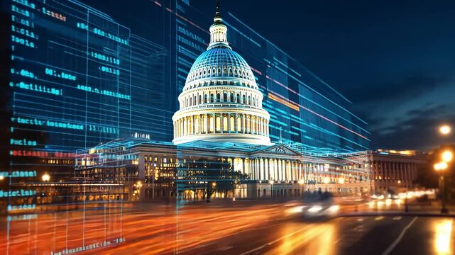 Capitol building illuminated at night with digital data overlay in futuristic concept