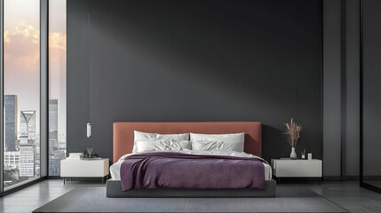 Modern Luxury Bedroom With Orange Headboard And Purple Blanket In A High Rise Apartment Overlooking Cityscape At Sunset