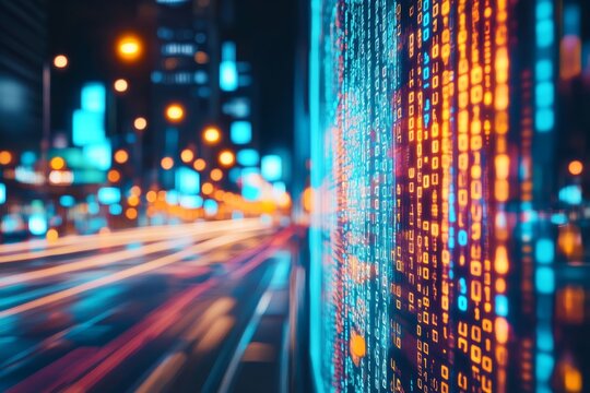 Dynamic abstract digital background featuring code lines and data amidst a blurred cityscape