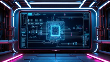Obraz premium Futuristic room with neon lights and circuit display