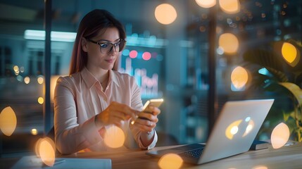 Multitasking Businesswoman Utilizing Digital Devices and Financial Data in Stylish Modern Office