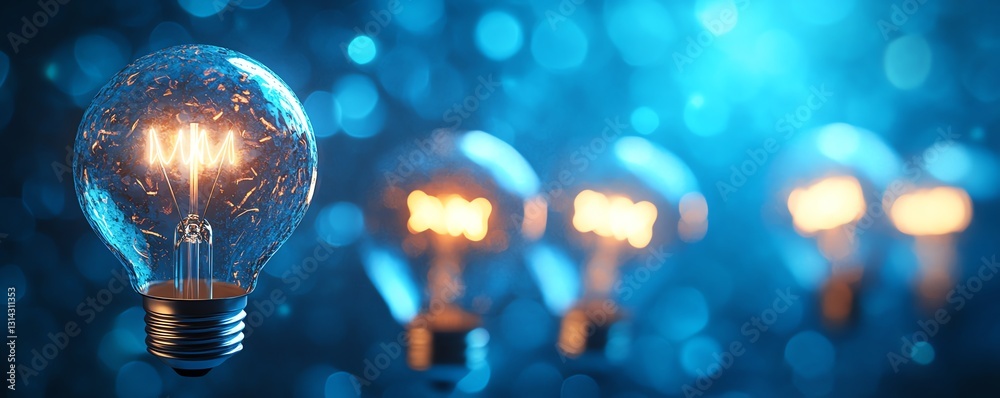 Poster a series of glowing light bulbs on a blue background, symbolizing creativity, innovation, and the sp