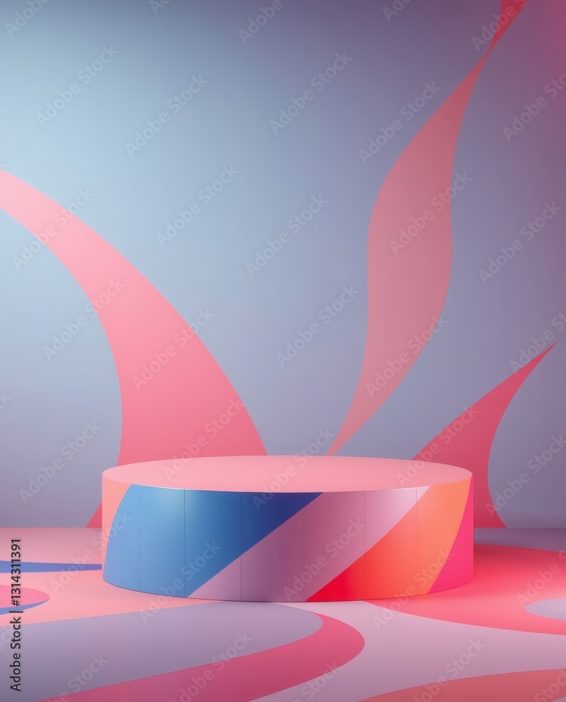 Poster a product display stand in a pastel color scheme, ideal for showcasing products