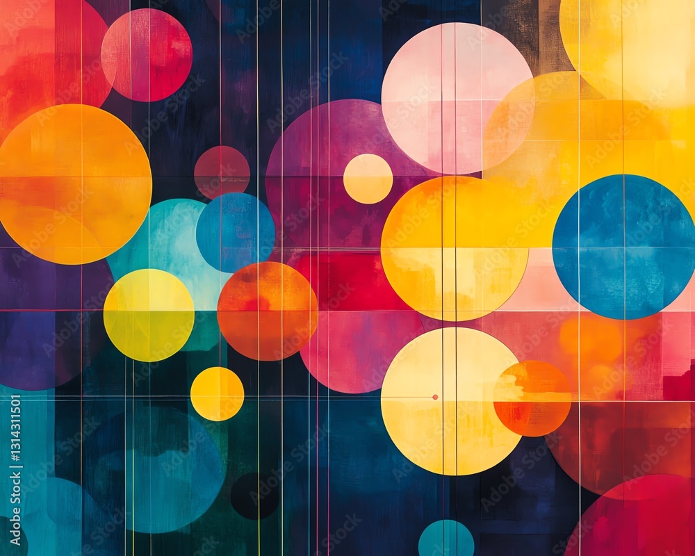 Poster A vibrant abstract composition with circles of different colors connected by lines, forming a stunning and complex pattern of interconnectivity