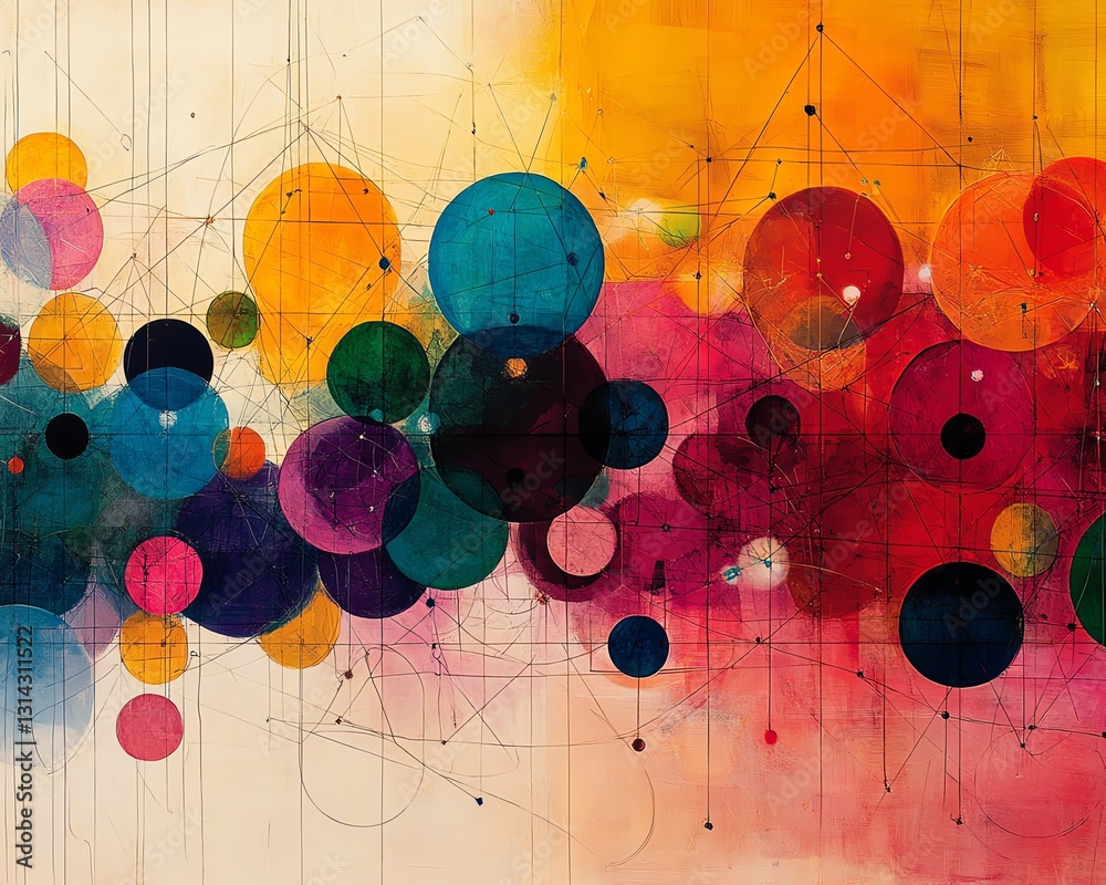 Poster A vibrant abstract composition with circles of different colors connected by lines, forming a stunning and complex pattern of interconnectivity