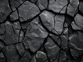 Fototapeta premium A close-up photograph of a cracked black surface, likely a material with an uneven texture resembling rocks or tiles.