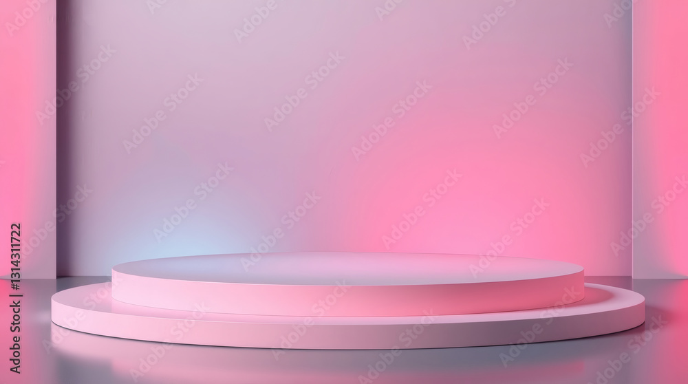 Poster a minimalist pink stage illuminated with soft lighting, creating a modern and elegant display for product. The lighting adds depth and vibrancy