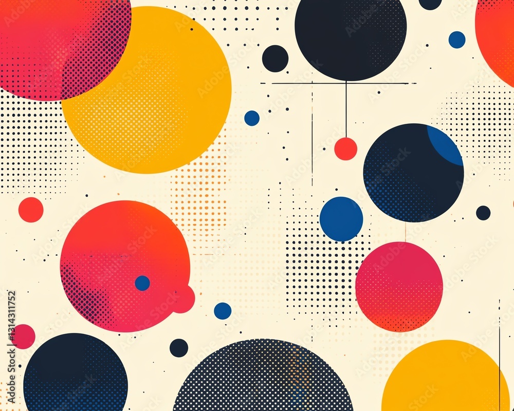 Poster A vibrant abstract pattern featuring circles connected by lines, creating a visually engaging and harmonious design with bold colors