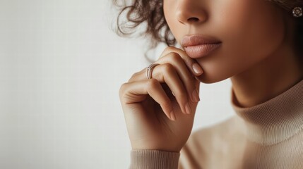 Subtle Contemplation: A close-up shot of a serene woman, resting her hand near her chin, her eyes looking thoughtful. The natural lighting casts soft shadows.