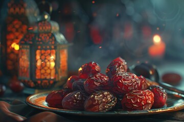 A peaceful Ramadan Mubarak background featuring plump Ajwa dates, warm oil lamp lighting, and an elegant Arabic lantern in a cozy nighttime setting