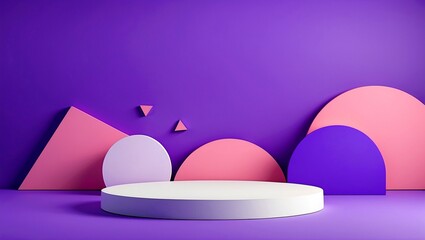 Fototapeta premium Geometric shapes on purple backdrop with white platform